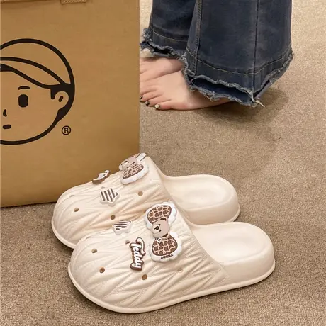 包头洞洞鞋女夏季网红外穿可爱蝴蝶结小熊沙滩防滑厚底eva凉拖鞋商品大图