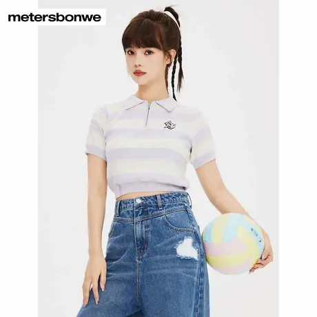 美特斯邦威T恤女夏季新款法式百搭别致条纹打底翻领时尚短袖上衣商品大图
