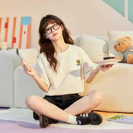 唐狮圆领纯棉短袖T恤女2025新款爆款chic韩版上衣女设计感小众sz商品大图