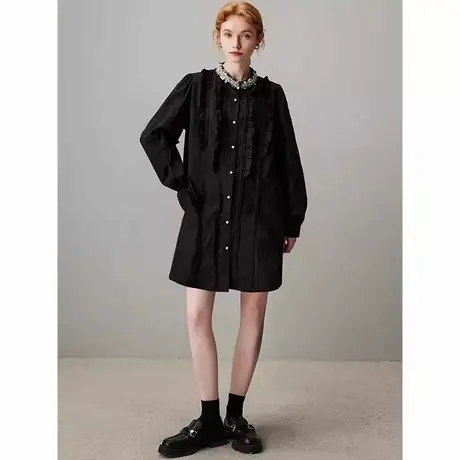 大码黑色长袖衬衫裙女2025年春季新款钉珠木耳边显瘦连衣裙子商品大图