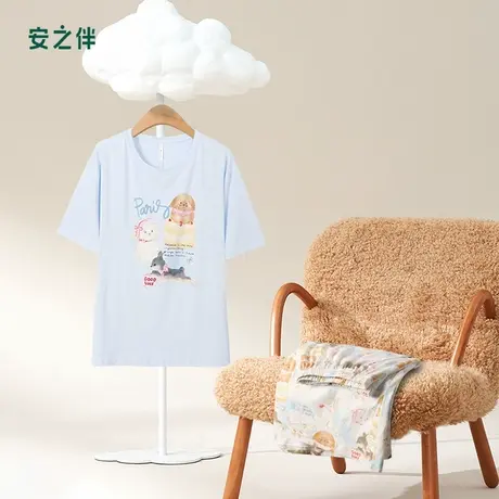 安之伴夏季睡衣女款纯棉短袖长裤开衫休闲宽松家居服套装卡通可外商品大图