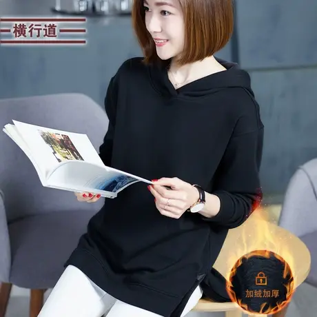 2023冬季黑色加绒妈妈款连帽卫衣女装大码带帽衫长袖中长款上衣商品大图