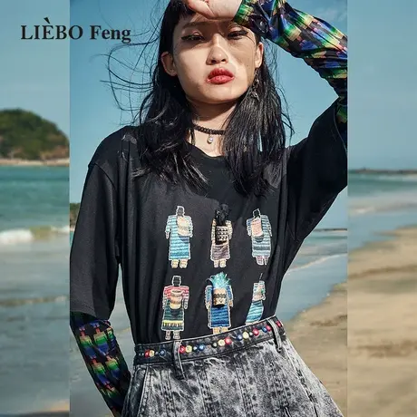裂帛LIEBOFeng商场同款2023年设计师立体毛绒刺绣黑色宽松短袖T恤商品大图