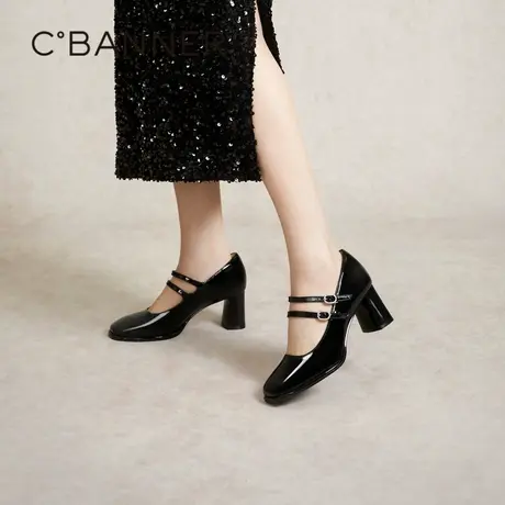 千百度漆皮高跟玛丽珍鞋秋季百搭粗跟小香风单鞋女气质晚晚风鞋子图片