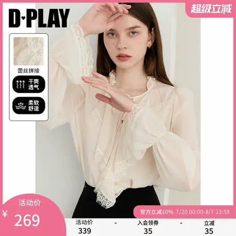 DPLAY2025年秋季新款白色衬衫女拼接蕾丝衬衣蝴蝶结宽松长袖上衣商品大图