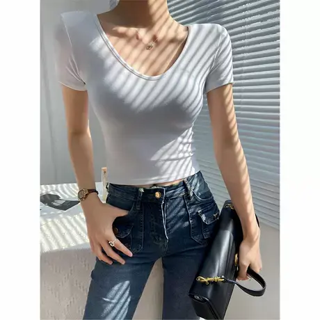 白色正肩短款短袖t恤女2024新款爆款夏季欧洲站小衫垫肩v领打底衫图片