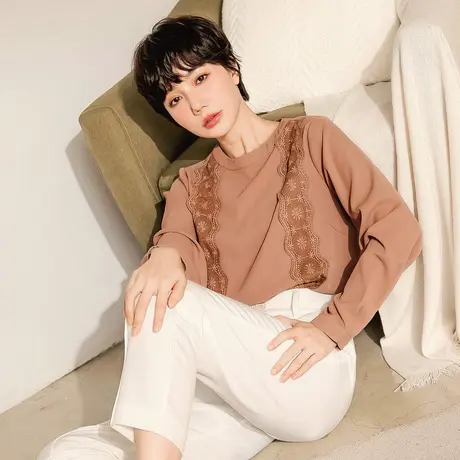 桔熊春秋季通勤温柔风宽松蕾丝拼接圆领长袖上衣女大码AB16804商品大图
