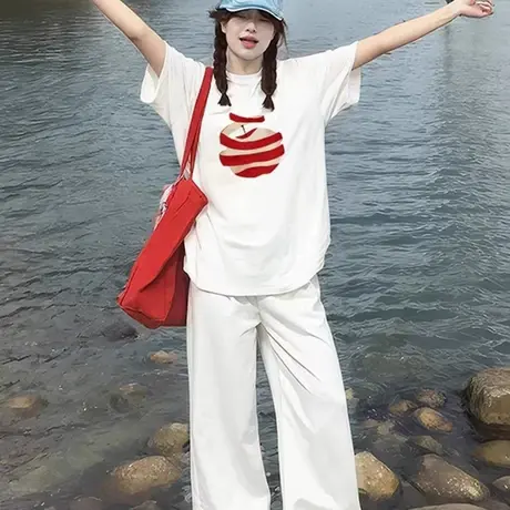 夏日ootd穿搭纯棉大码苹果短袖t恤女ins独特漂亮减龄chic上衣甜辣商品大图