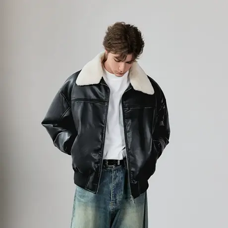Lilbetter巴恩风仿澳毛毛领廓形仿蛋白皮棉服2024冬保暖pu皮外套商品大图
