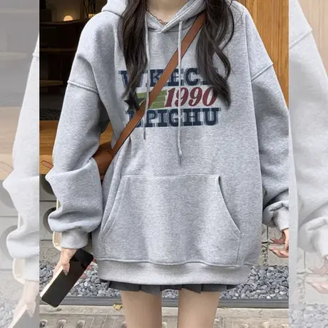 重磅灰色连帽卫衣女小个子秋冬加绒宽松慵懒风美式复古外套上衣潮商品大图