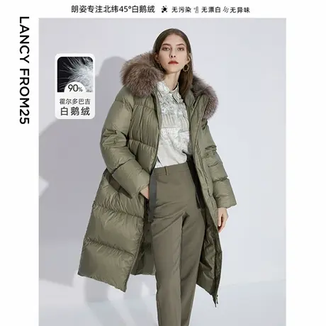 朗姿霍尔多巴吉白鹅绒冬季新款中长款银狐狸毛领羽绒服外套大衣女商品大图
