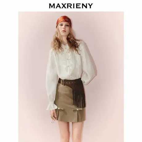 【奥莱】MAXRIENY复古衬衫肌理感宫廷优雅荷叶边领长袖上衣女商品大图