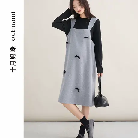 十月妈咪孕妇套装2025新款秋季外穿宽松遮肚蝴蝶结背带连衣裙秋装商品大图