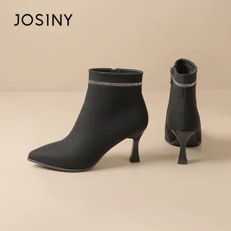 卓诗尼女靴时装靴新款秋冬高跟鞋裸靴女尖头细跟黑色真皮短靴女图片