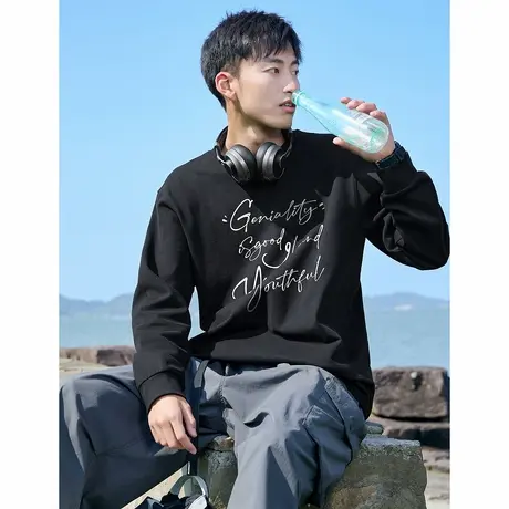 唐狮春季款长袖T恤男字母印花潮酷宽松圆领上衣内搭简约打底衫tTD图片