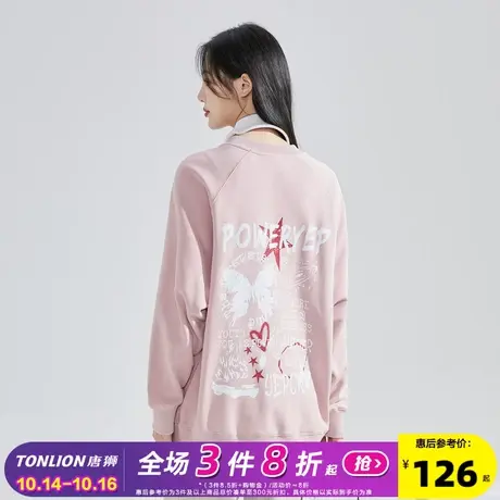 唐狮2023秋季新款女圆领套头YEP联名美式卫衣复古蝴蝶撞色女上衣G图片