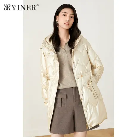 YINER音儿商场同款女装2021冬季新款中长款波浪纹连帽羽绒服商品大图