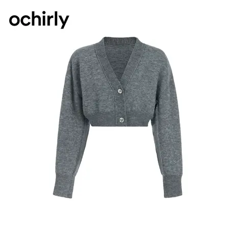 【品牌甄选】ochirly欧时力V领短款针织外套女2023新款冬装毛衣商品大图