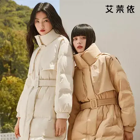 艾莱依中长款风衣羽绒服女2022冬装新款时尚简约鸭绒设计黑色外套图片