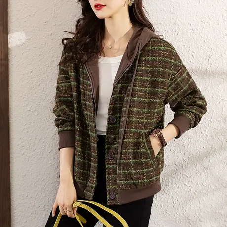 秋冬季毛呢外套宽松加肥大码女装中年妈妈格子时尚百搭小个子上衣商品大图
