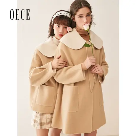 【买1送1】Oece冬装新款 气质复古减龄中长款羊毛双面呢大衣外套商品大图
