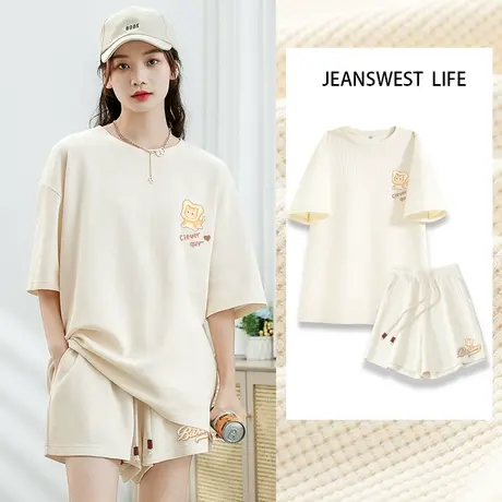 真维斯LIFE华夫格运动套装夏装女2023新款小个子减龄休闲短裤套装图片