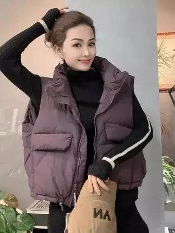 立领短款羽绒棉马甲女2023年秋冬季新款小个子抽绳马夹无袖外套潮商品大图
