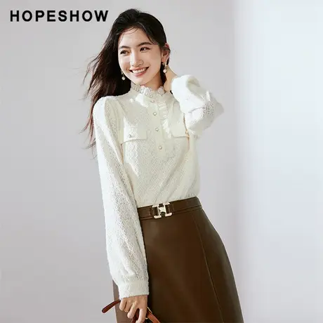 红袖冬季2023新款女装 泡泡袖网纱蕾丝立领套头上衣90123380301图片