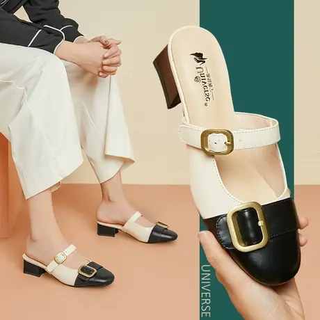 清仓凉鞋女休闲拖鞋包头浅口粗跟后空凉鞋真皮时尚搭扣女鞋商品大图