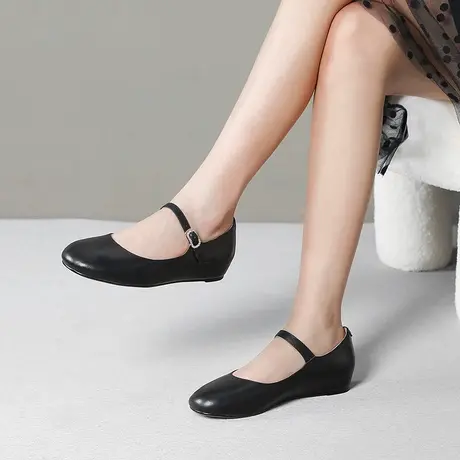 真皮单鞋2023年春季新款平底内增高鞋子休闲圆头百搭玛丽珍小皮鞋商品大图