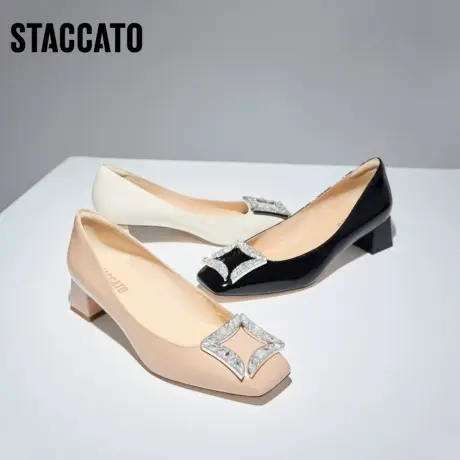 思加图新款法式浅口粗跟单鞋气质黑色通勤女鞋子EL603CQ3商品大图