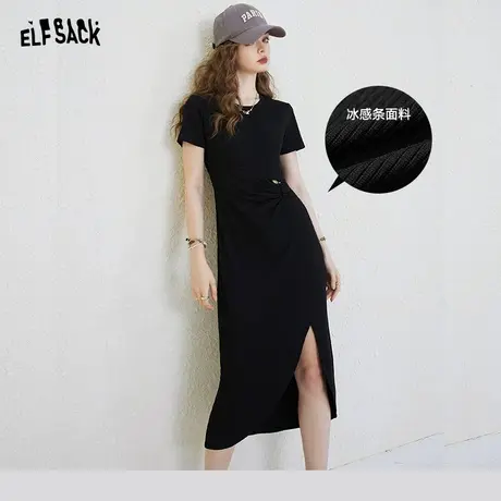 妖精的口袋黑色t恤连衣裙女2023夏季新款开叉修身显瘦辣妹长裙潮图片