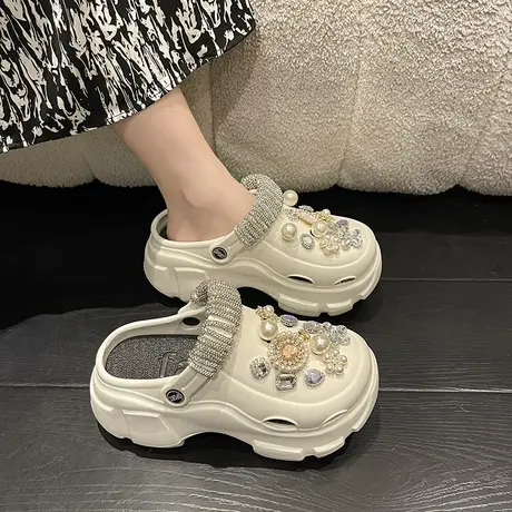 时尚厚底水钻增高洞洞鞋女外穿2023年夏新款高级感凉拖鞋包头凉鞋图片