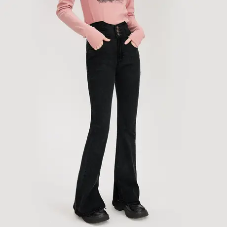 尔给高腰微喇叭牛仔裤2022年女秋冬新款修身小脚设计感裤子显瘦商品大图