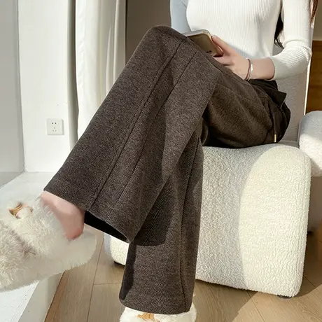 羊绒毛呢窄版阔腿裤女冬季新款加绒高腰宽松显瘦垂感直筒拖地裤子商品大图