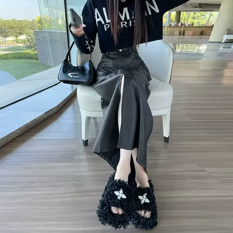 复古高腰皮裙女春秋季pu皮高级感显瘦气质开叉中长款a字半身裙子图片