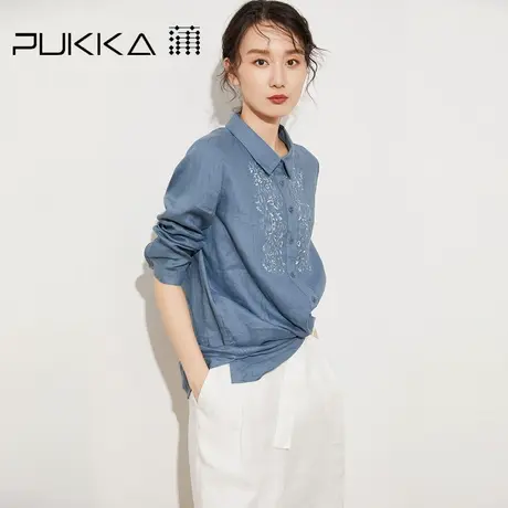 蒲PUKKA 商场同款女装重工刺绣衬衫新款时尚宽松亚麻衬衣女商品大图