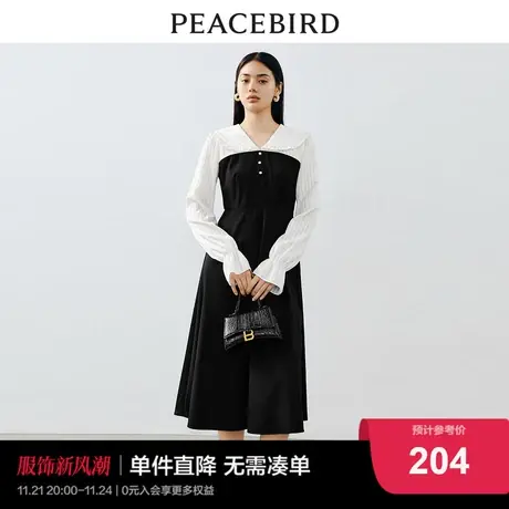 太平鸟 2024春季新款法式气质拼接连衣裙女士长袖收腰小黑裙图片