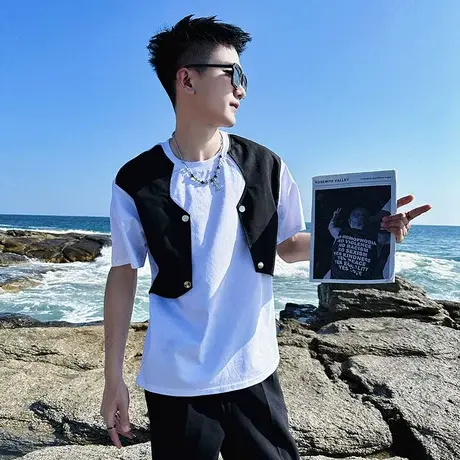 短袖t恤夏季新款潮流拼接设计半袖上衣潮男痞帅发型师假两件体恤商品大图