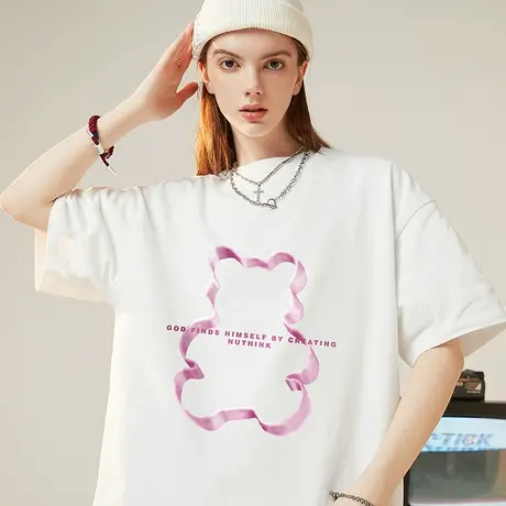 日系街头中性小熊短袖t恤男潮大码ins潮牌国潮胖子针织半袖男款夏图片