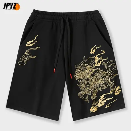 麒麟刺绣短裤男夏季薄款纯棉卫裤男士休闲夏天潮牌直筒5分中裤子图片