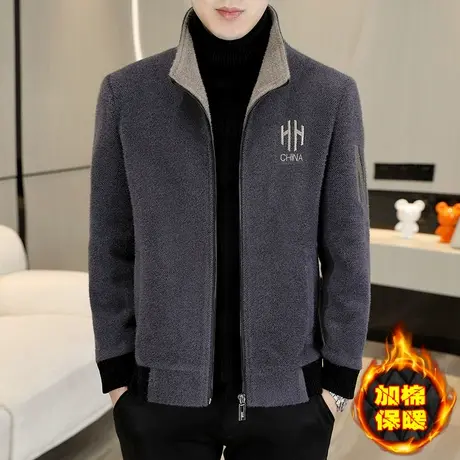 立领冬装加棉加厚短款毛呢外套潮流金貂绒夹克秋冬季男装呢子大衣商品大图