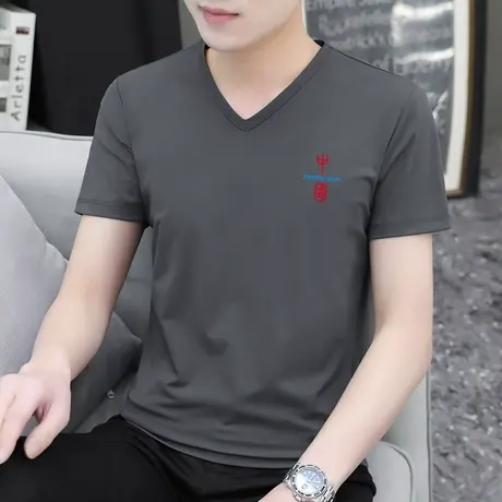 莫代尔短袖t恤男装V领夏季薄款冰丝冰感上衣服中国潮流青少年半袖商品大图