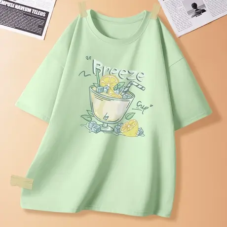 绿色短袖t恤女夏季2023年新款宽松纯棉半袖体恤学生圆领薄款衣服图片