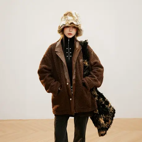 复古夹棉羊羔毛外套2023冬季设计感拼接棉服女小个子美拉德棉衣商品大图