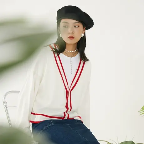 omont蛋挞家 复古宽松v领撞色短款毛针织衫女羊毛开衫外套早秋季商品大图