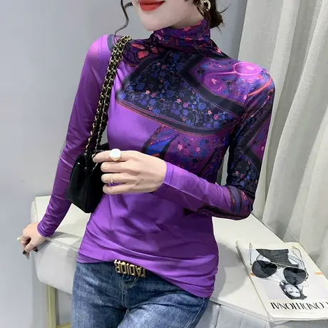 高领打底衫女秋冬加绒加厚复古印花网纱T恤长袖洋气修身内搭上衣商品大图