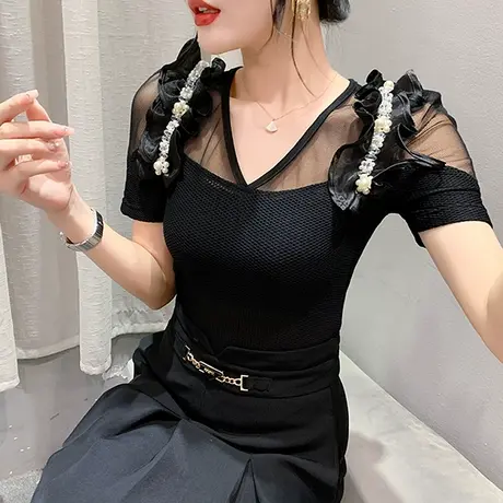网纱拼接V领T恤女短袖2024夏季新款性感镂空小衫洋气木耳边上衣潮图片