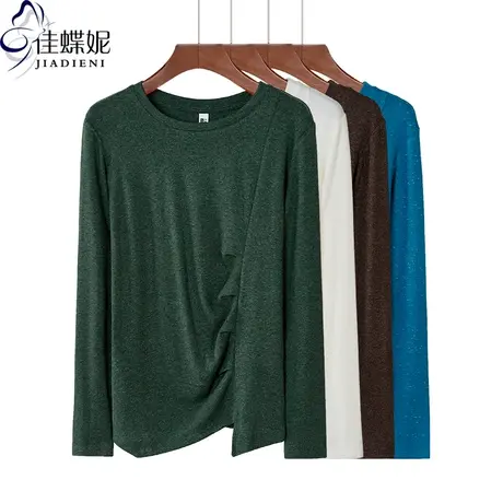 春秋季圆领百搭纯色长袖T恤女大码打底衫打褶不规则内搭上衣显瘦图片