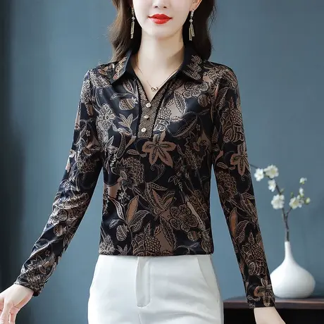 2023秋季新款妈妈装翻领印花打底衫女时尚内搭长袖t恤气质上衣女图片